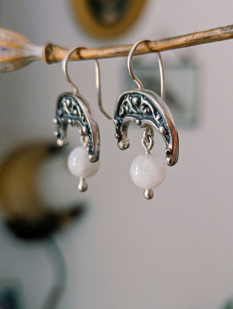 LUNULA EARRINGS with MOONSTONE beads - 925 STERLING SILVER UNIQUE HANDMADE