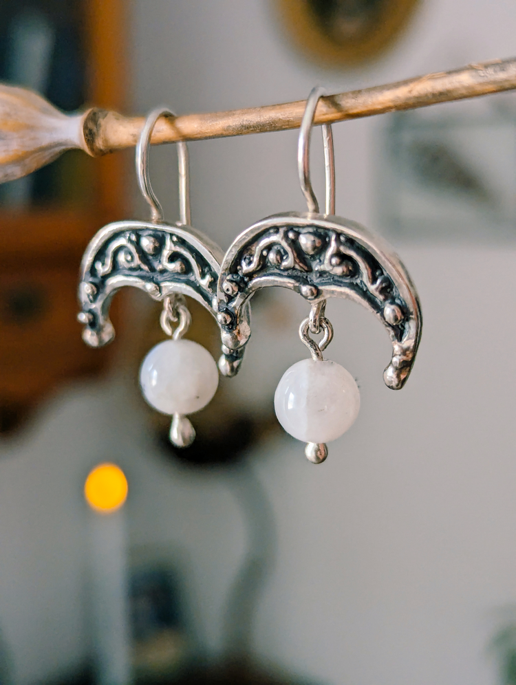 LUNULA EARRINGS with MOONSTONE beads - 925 STERLING SILVER UNIQUE HANDMADE