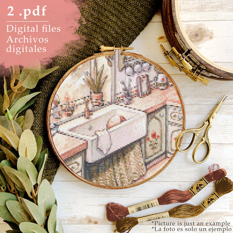 CROSS STITCH CHART - DIGITAL PRINTABLE PATTERN - KITCHEN WITCH WATERCOLOR COUNTRY FOLK - by MEDUSA DOLLMAKER