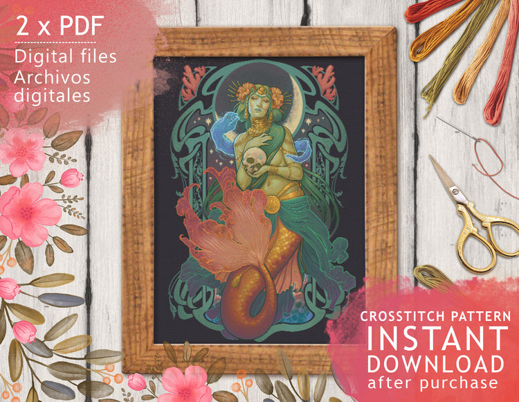 CROSS STITCH CHART - DIGITAL PRINTABLE PATTERN - MERMAID SEA WITCH NOUVEAU - by MEDUSA DOLLMAKER