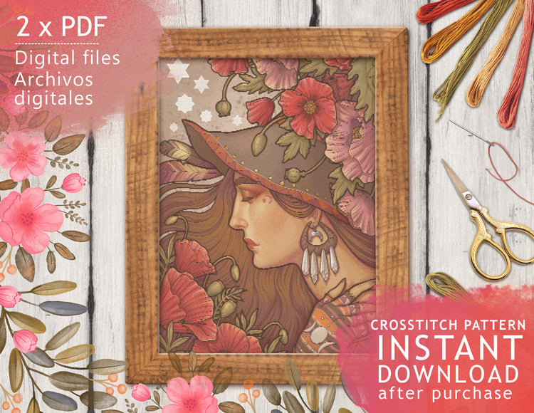 CROSS STITCH CHART - DIGITAL PRINTABLE PATTERN - POPPY WITCH by MEDUSA DOLLMAKER