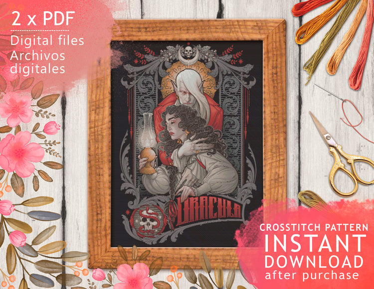 CROSS STITCH CHART - DIGITAL PRINTABLE PATTERN - DRACULA BOOK NOVEL - VAMPIRE by MEDUSA DOLLMAKER
