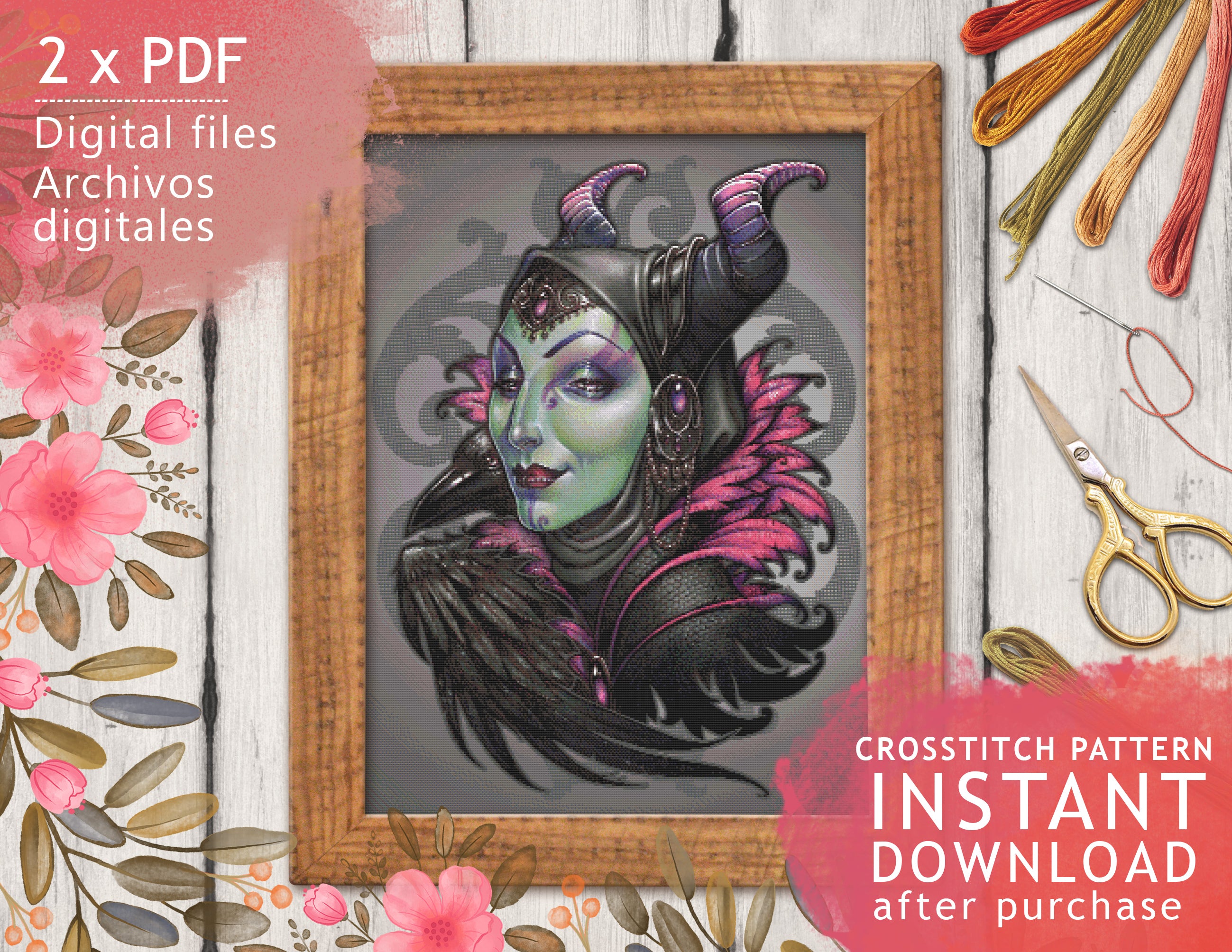 CROSS STITCH CHART - DIGITAL PRINTABLE PATTERN - MALEFICENT Mistress o ...