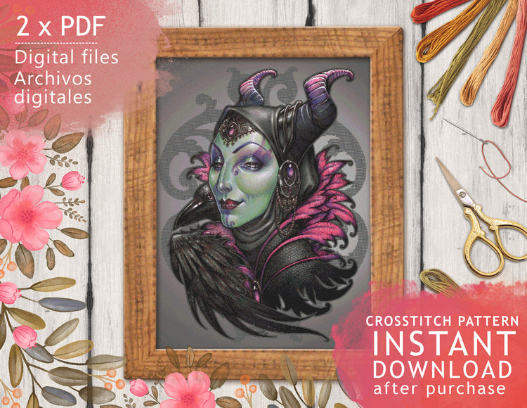 CROSS STITCH CHART - DIGITAL PRINTABLE PATTERN - MALEFICENT Mistress of All Evil by MEDUSA DOLLMAKER