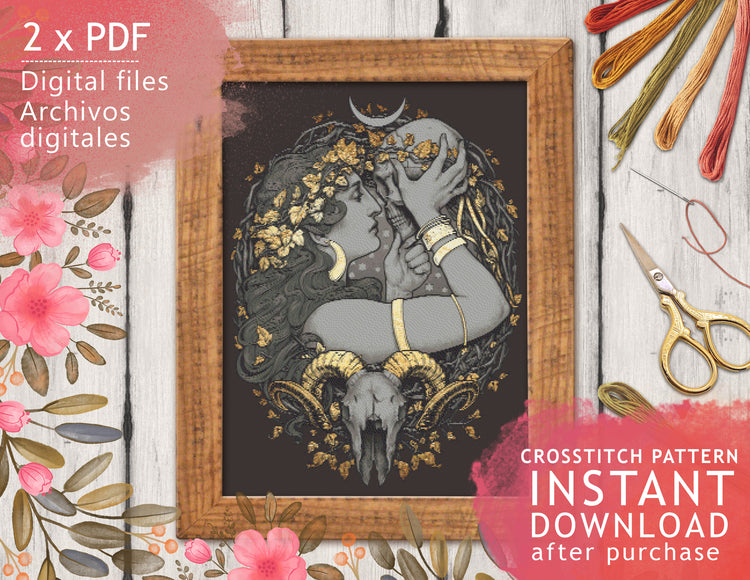 CROSS STITCH CHART - DIGITAL PRINTABLE PATTERN - SKULL WITCH by MEDUSA DOLLMAKER