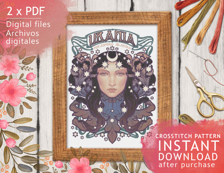 CROSS STITCH CHART - DIGITAL PRINTABLE PATTERN - URANIA ASTRONOMY MUSE NOUVEAU - by MEDUSA DOLLMAKER