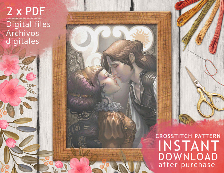 CROSS STITCH CHART - DIGITAL PRINTABLE PATTERN - ATHAN MINERVA VAMPIRE LOVE MOON SUN - by MEDUSA DOLLMAKER (copia)