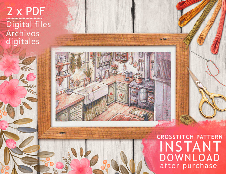 CROSS STITCH CHART - DIGITAL PRINTABLE PATTERN - KITCHEN WITCH WATERCOLOR COUNTRY FOLK - by MEDUSA DOLLMAKER