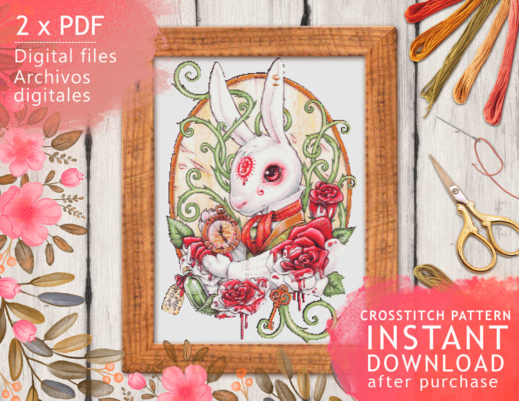 CROSS STITCH CHART - DIGITAL PRINTABLE PATTERN - WHITE RABBIT - Wonderland by MEDUSA DOLLMAKER