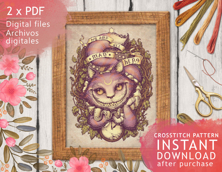 CROSS STITCH CHART - DIGITAL PRINTABLE PATTERN - CHESHIRE CAT from ALICE in WONDERLAND Tale - by MEDUSA DOLLMAKER