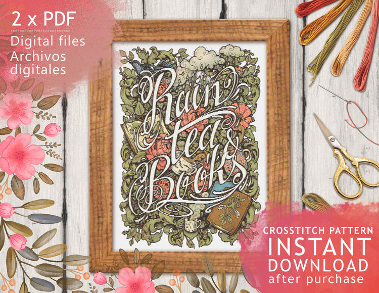 CROSS STITCH CHART - DIGITAL PRINTABLE PATTERN - RAIN, TEA and BOOKS by MEDUSA DOLLMAKER