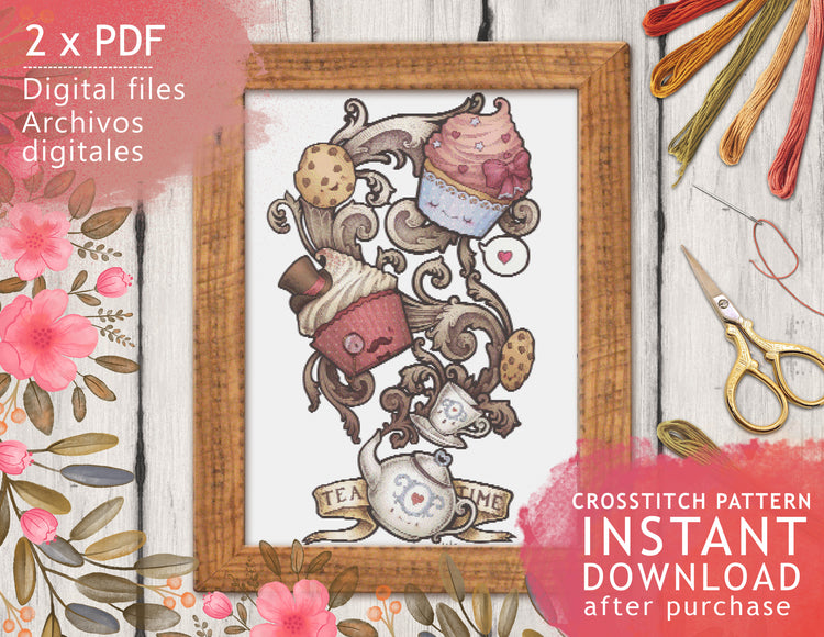 CROSS STITCH CHART - DIGITAL PRINTABLE PATTERN - TEA TIME by MEDUSA DOLLMAKER