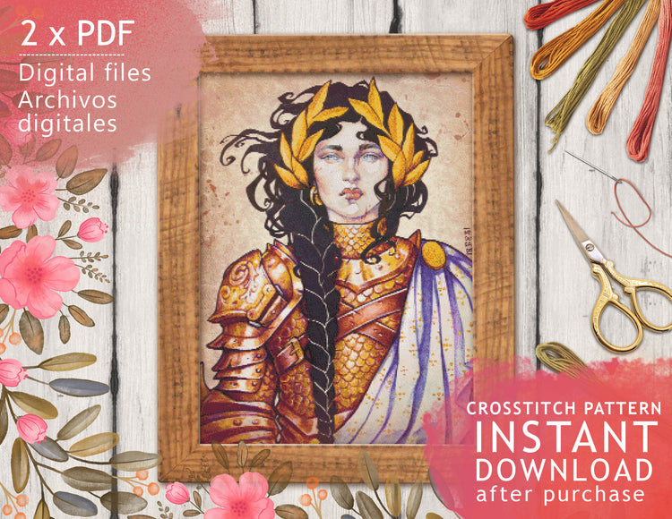 CROSS STITCH CHART - DIGITAL PRINTABLE PATTERN - VICTORIA WARRIOR WOMAN - by MEDUSA DOLLMAKER