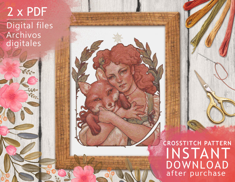 CROSS STITCH CHART - DIGITAL PRINTABLE PATTERN - LADY FOX ART by MEDUSA DOLLMAKER