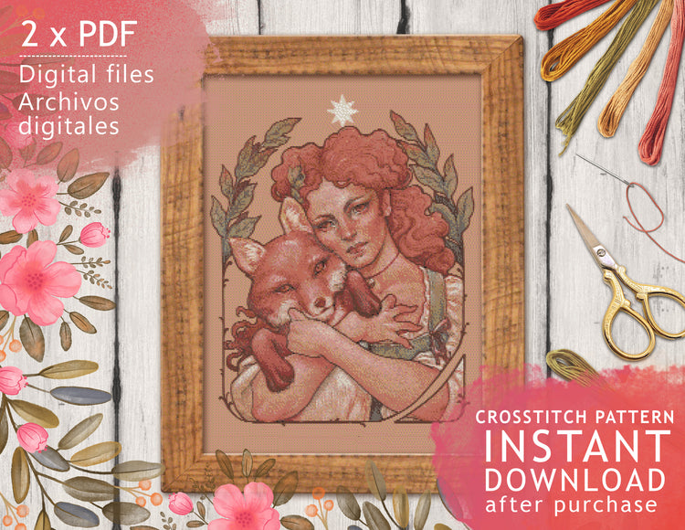 CROSS STITCH CHART - DIGITAL PRINTABLE PATTERN - LADY FOX ART by MEDUSA DOLLMAKER