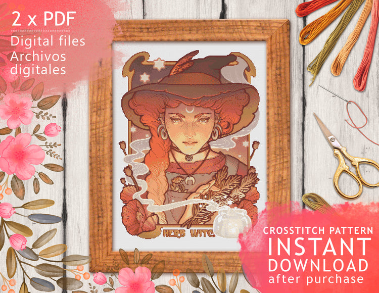 CROSS STITCH CHART - DIGITAL PRINTABLE PATTERN - HERB WITCH by MEDUSA DOLLMAKER