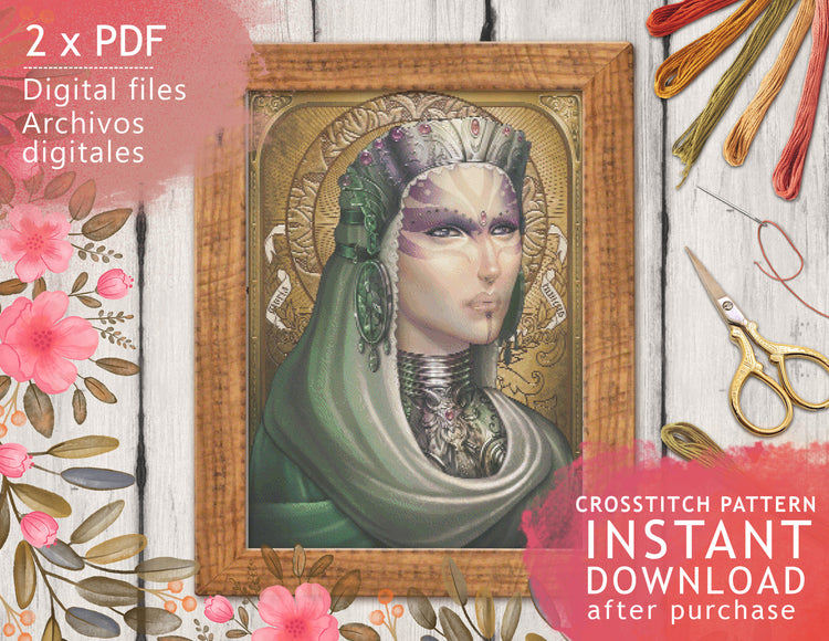 CROSS STITCH CHART - DIGITAL PRINTABLE PATTERN - FUTURISTIC IBERIAN LADY - by MEDUSA DOLLMAKER