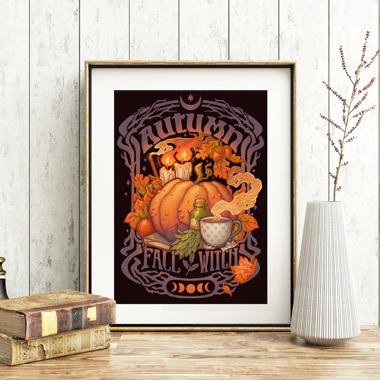 AUTUMN FALL WITCH ART PRINT DinA4 - 8x11'' - Art by Medusa Dollmaker Art Nouveau