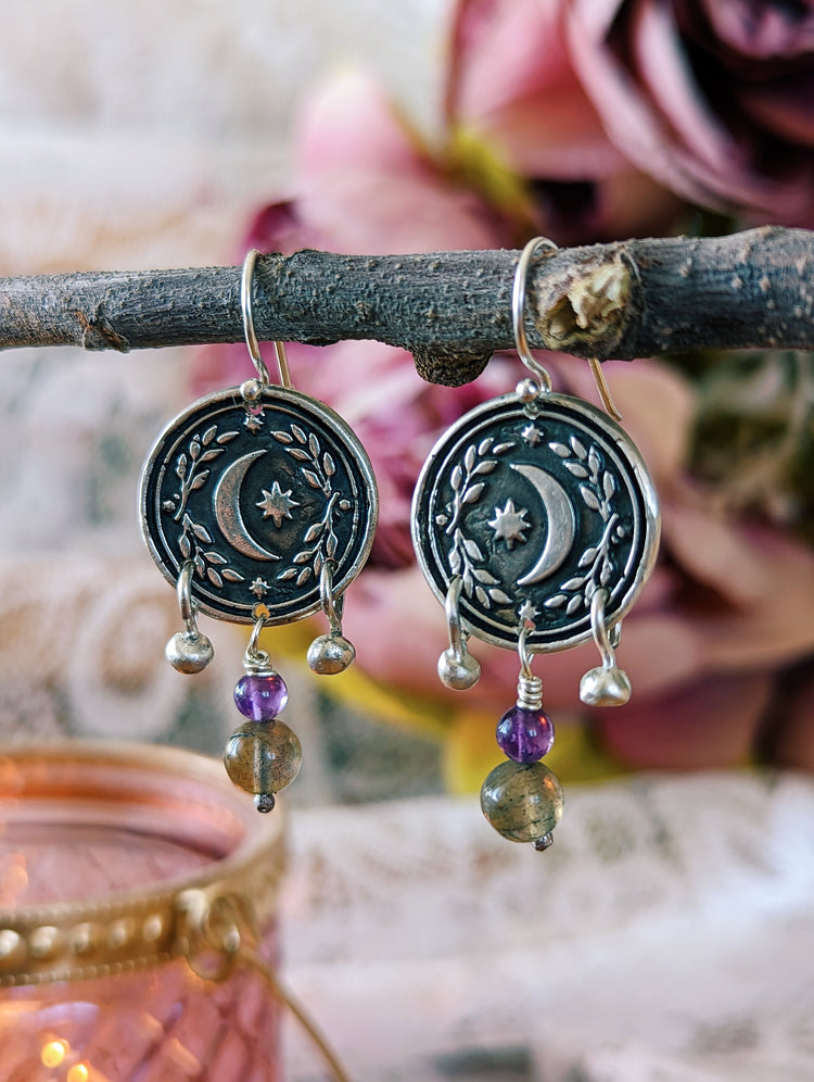 MOON COIN BOHEMIAN EARRINGS with beads - AMETHYST and LABRADORITE - 925 STERLING SILVER UNIQUE HANDMADE