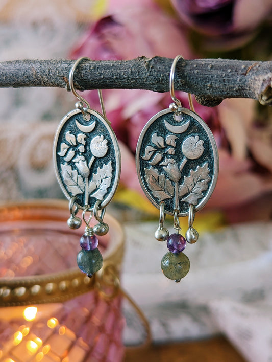 DATURA BOHEMIAN EARRINGS with beads - AMETHYST and LABRADORITE - 925 STERLING SILVER UNIQUE HANDMADE