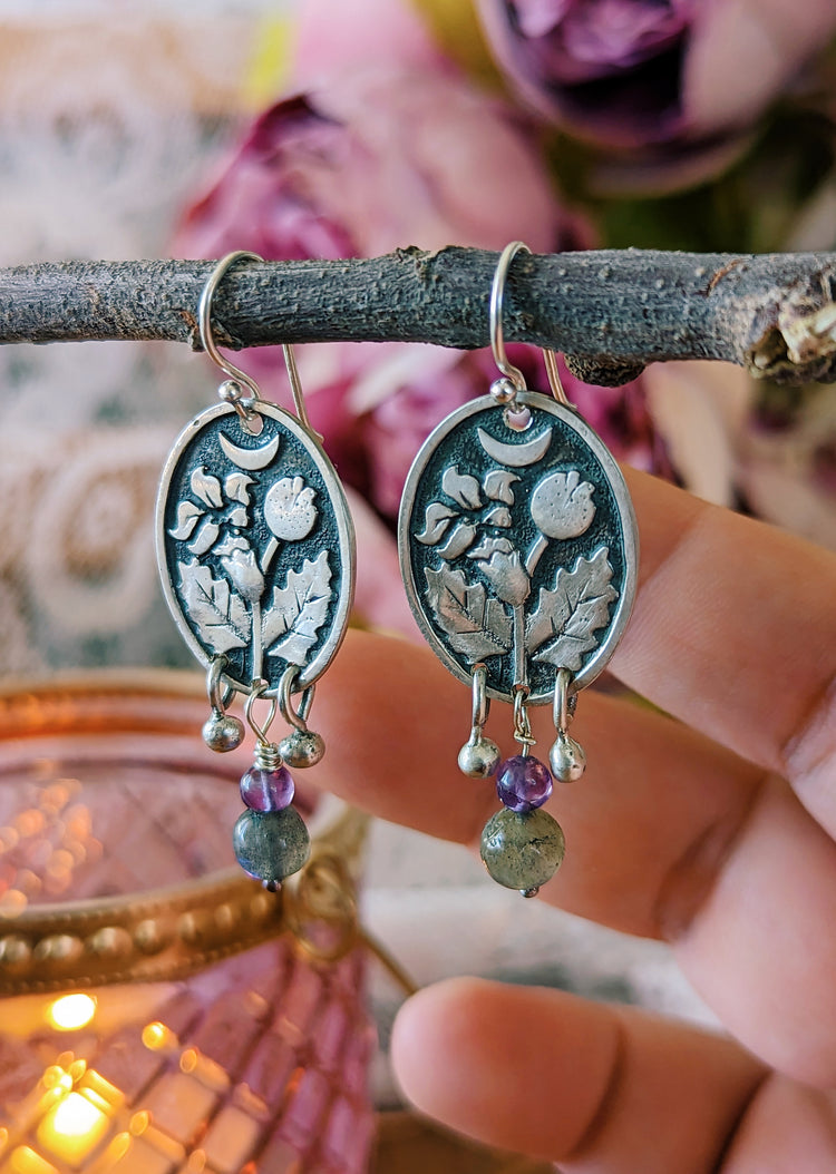 DATURA BOHEMIAN EARRINGS with beads - AMETHYST and LABRADORITE - 925 STERLING SILVER UNIQUE HANDMADE