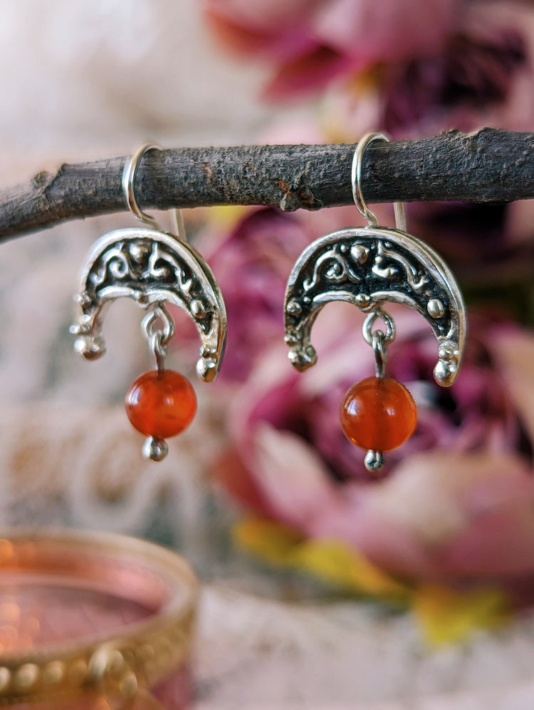 LUNULA EARRINGS with CARNELIAN beads - 925 STERLING SILVER UNIQUE HANDMADE