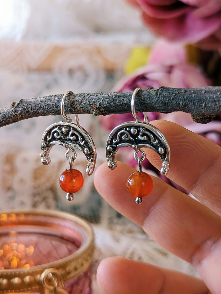LUNULA EARRINGS with CARNELIAN beads - 925 STERLING SILVER UNIQUE HANDMADE
