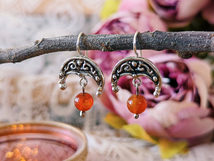 LUNULA EARRINGS with CARNELIAN beads - 925 STERLING SILVER UNIQUE HANDMADE