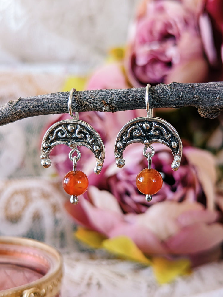 LUNULA EARRINGS with CARNELIAN beads - 925 STERLING SILVER UNIQUE HANDMADE