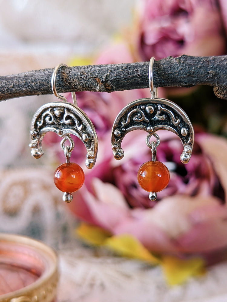 LUNULA EARRINGS with CARNELIAN beads - 925 STERLING SILVER UNIQUE HANDMADE