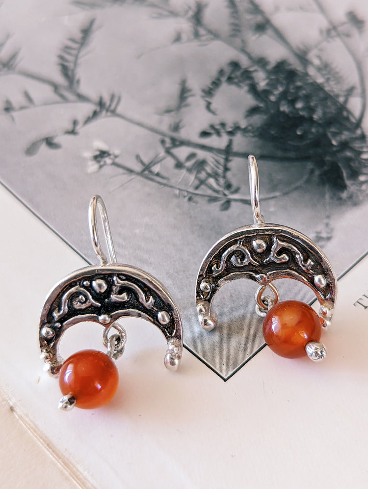 LUNULA EARRINGS with CARNELIAN beads - 925 STERLING SILVER UNIQUE HANDMADE