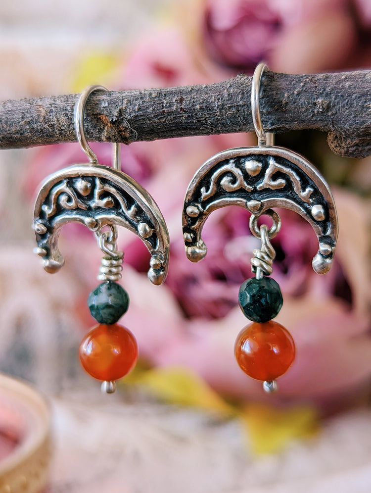 LUNULA EARRINGS with MOSS AGATHE and CARNELIAN beads - 925 STERLING SILVER UNIQUE HANDMADE