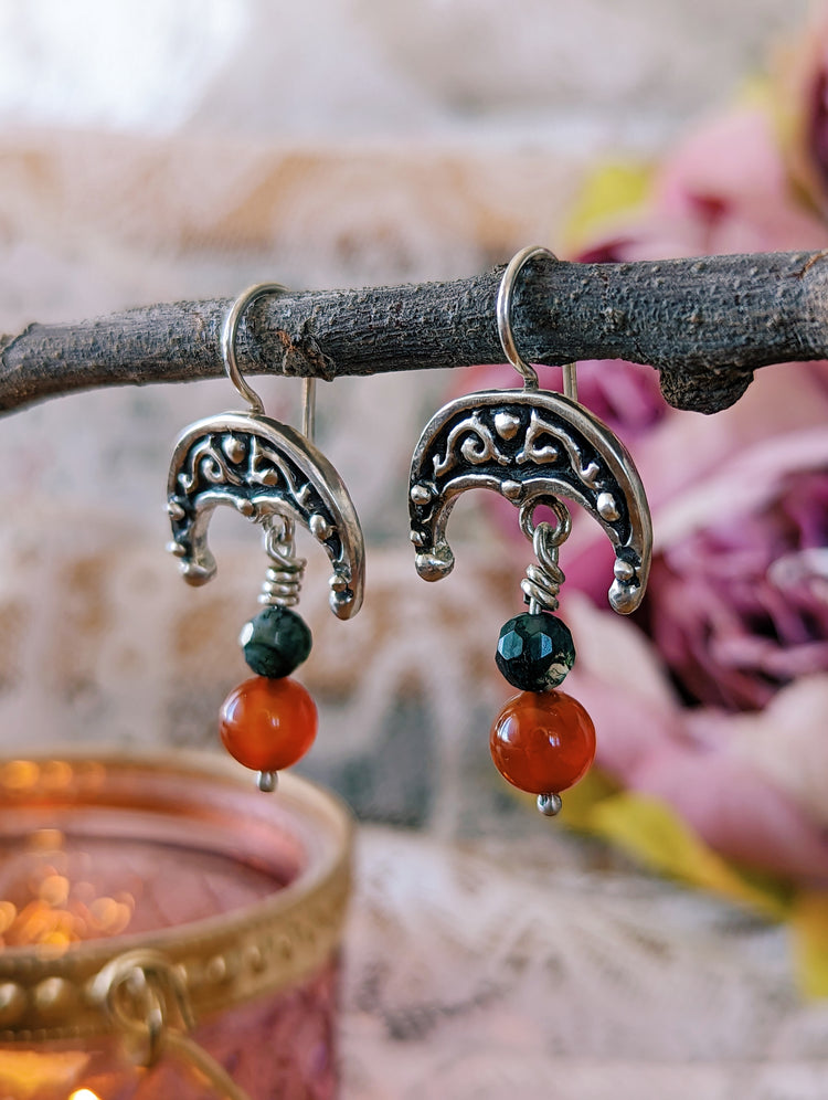 LUNULA EARRINGS with MOSS AGATHE and CARNELIAN beads - 925 STERLING SILVER UNIQUE HANDMADE