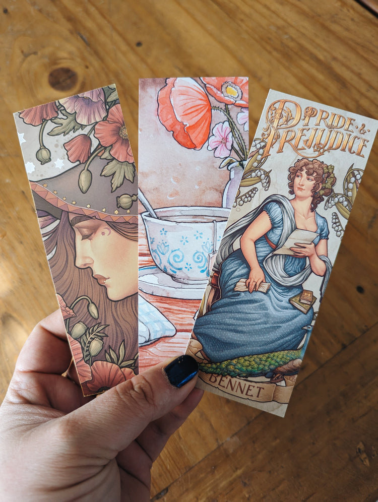 COZY 3 BOOKMARK SET - Witchy Comfort, Poppies and Pride and Prejudice - Printed ART BY MEDUSA DOLLMAKER