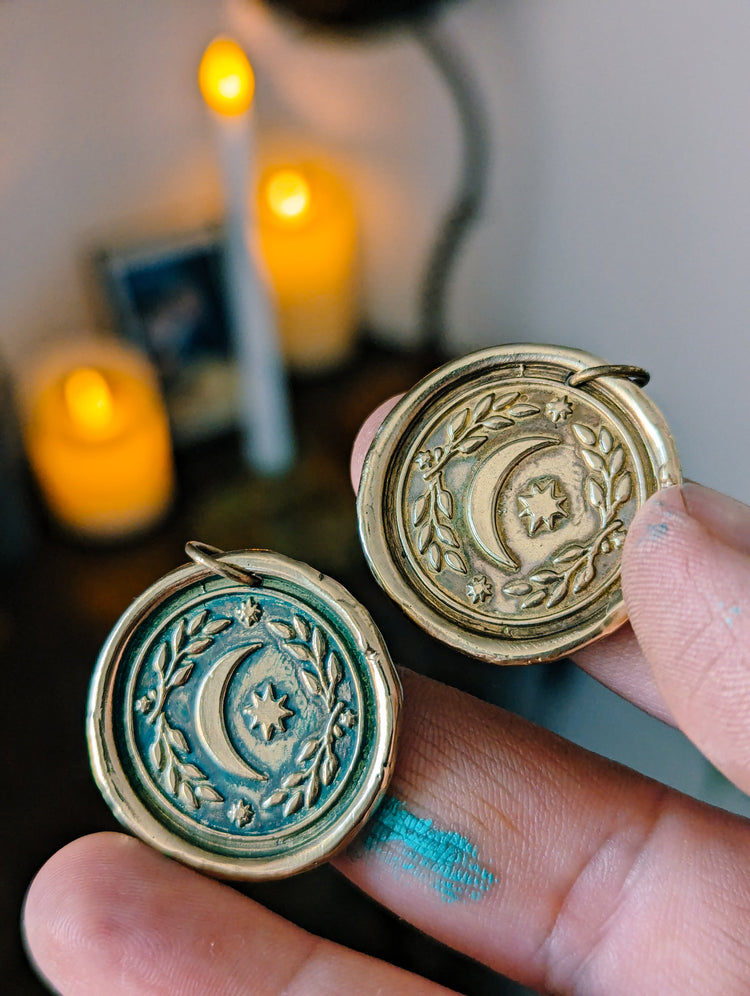 BRASS MOON MEDAL WITH BLUEGREEN PATINA - GOLDEN PENDANT WITCH TALISMAN by MEDUSA DOLLMAKER (copia)