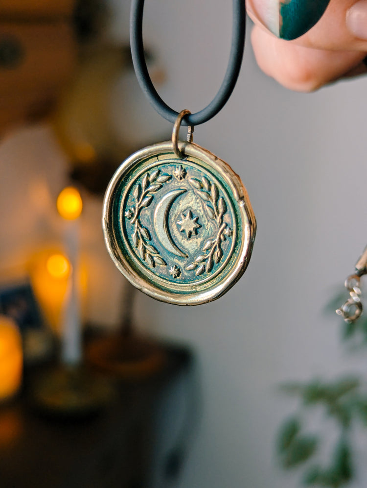 BRASS MOON MEDAL WITH BLUEGREEN PATINA - GOLDEN PENDANT WITCH TALISMAN by MEDUSA DOLLMAKER