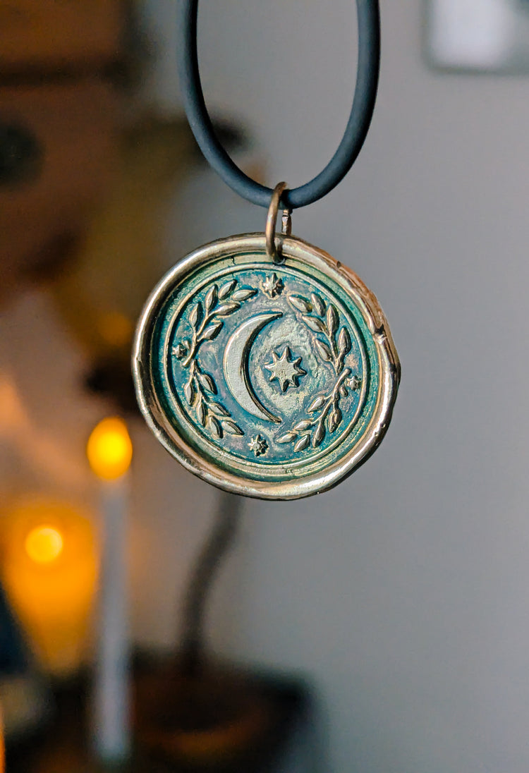 BRASS MOON MEDAL WITH BLUEGREEN PATINA - GOLDEN PENDANT WITCH TALISMAN by MEDUSA DOLLMAKER