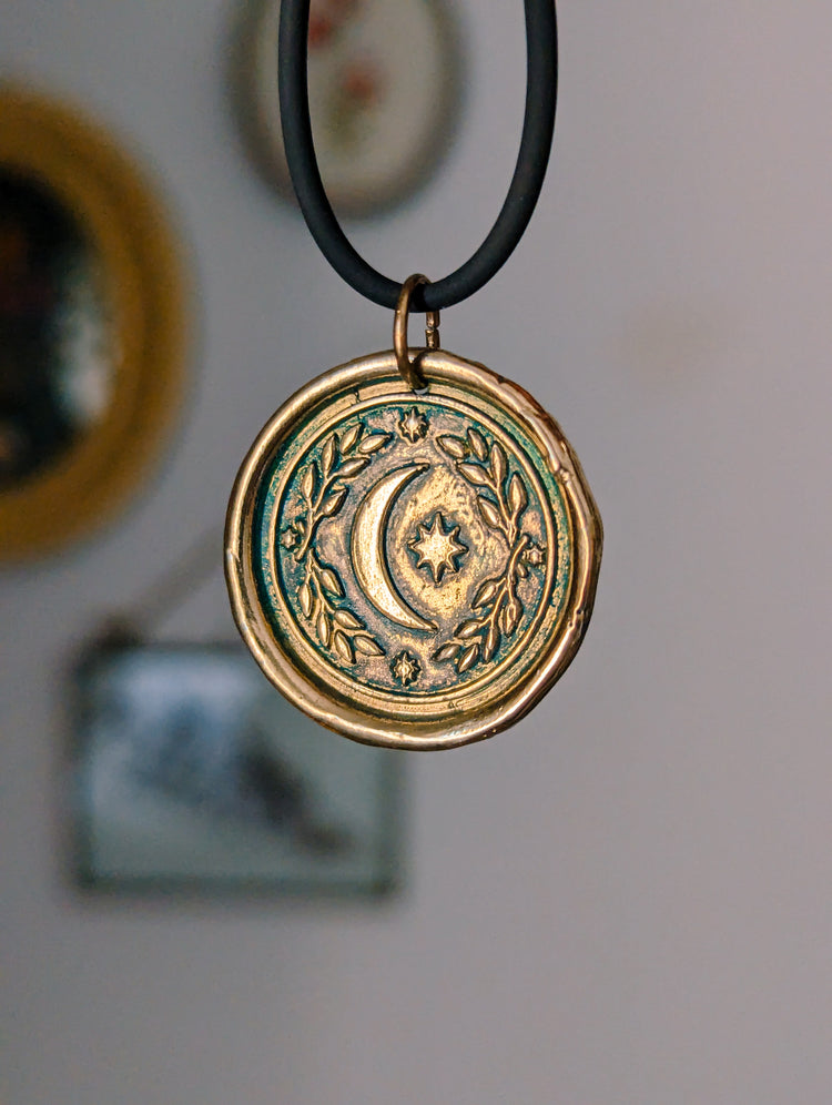 BRASS MOON MEDAL WITH BLUEGREEN PATINA - GOLDEN PENDANT WITCH TALISMAN by MEDUSA DOLLMAKER