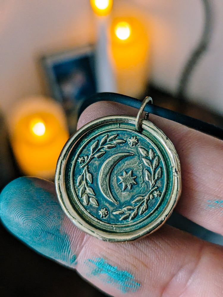 BRASS MOON MEDAL WITH BLUEGREEN PATINA - GOLDEN PENDANT WITCH TALISMAN by MEDUSA DOLLMAKER