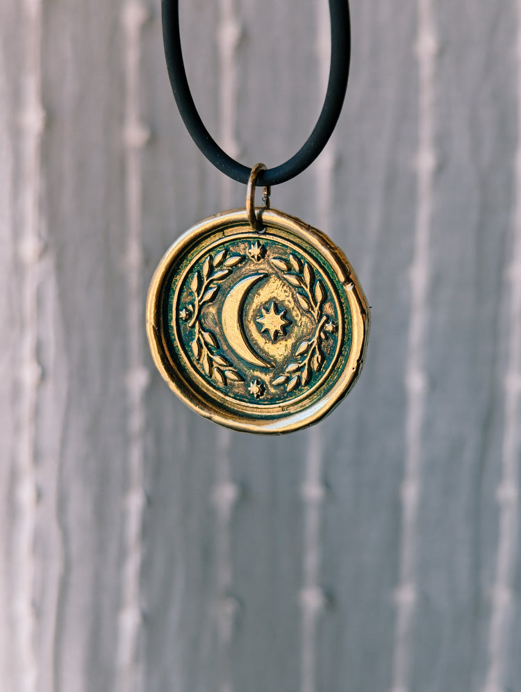 BRASS MOON MEDAL WITH BLUEGREEN PATINA - GOLDEN PENDANT WITCH TALISMAN by MEDUSA DOLLMAKER