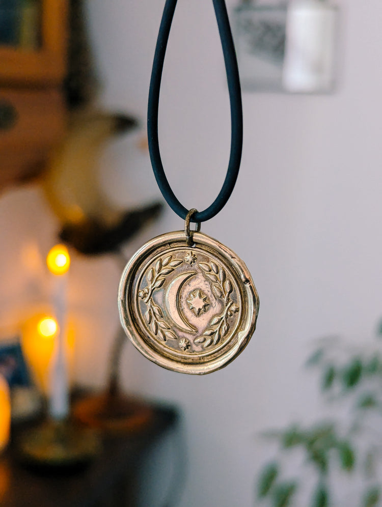 BRASS MOON MEDAL - GOLDEN PENDANT WITCH TALISMAN by MEDUSA DOLLMAKER