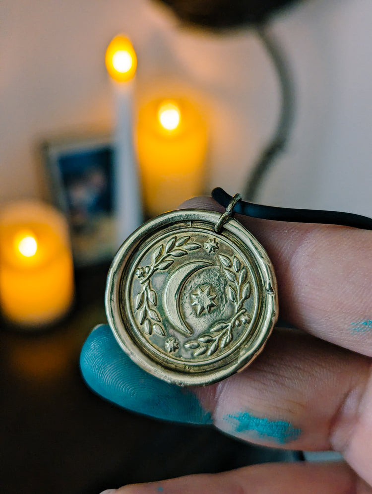 BRASS MOON MEDAL - GOLDEN PENDANT WITCH TALISMAN by MEDUSA DOLLMAKER