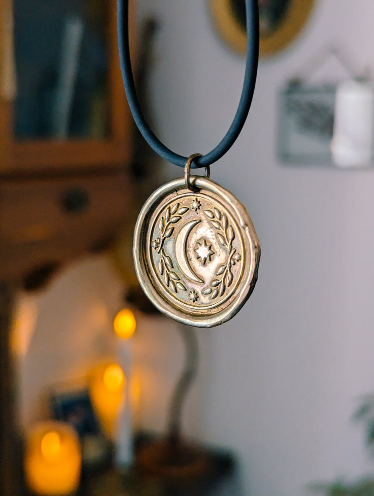 BRASS MOON MEDAL - GOLDEN PENDANT WITCH TALISMAN by MEDUSA DOLLMAKER