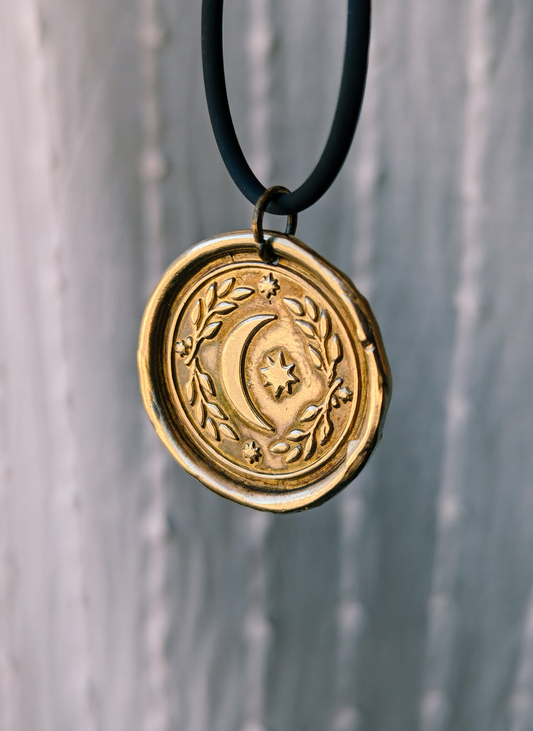 BRASS MOON MEDAL - GOLDEN PENDANT WITCH TALISMAN by MEDUSA DOLLMAKER