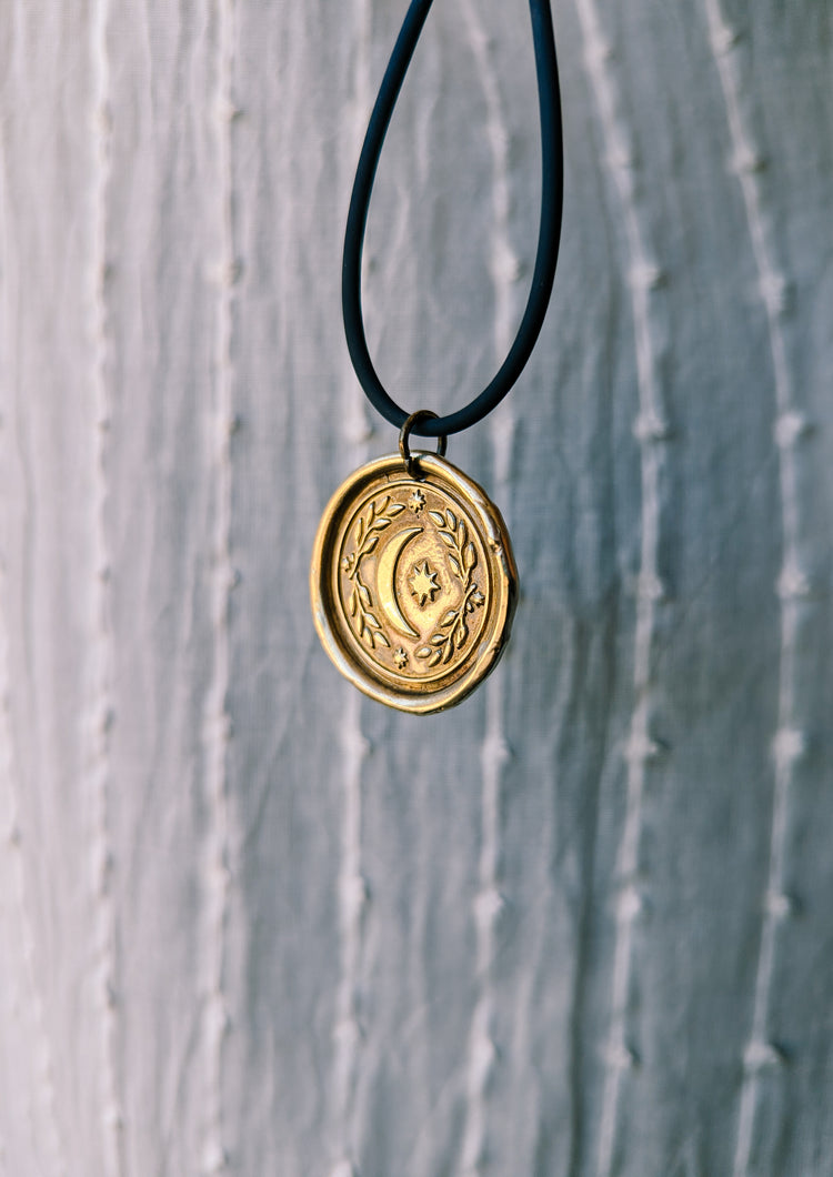 BRASS MOON MEDAL - GOLDEN PENDANT WITCH TALISMAN by MEDUSA DOLLMAKER