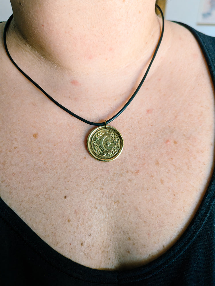 BRASS MOON MEDAL - GOLDEN PENDANT WITCH TALISMAN by MEDUSA DOLLMAKER
