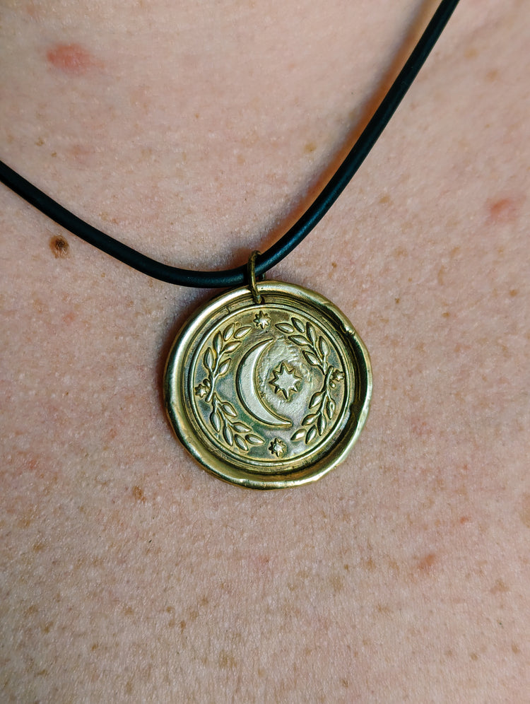 BRASS MOON MEDAL - GOLDEN PENDANT WITCH TALISMAN by MEDUSA DOLLMAKER