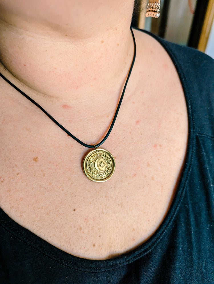 BRASS MOON MEDAL - GOLDEN PENDANT WITCH TALISMAN by MEDUSA DOLLMAKER