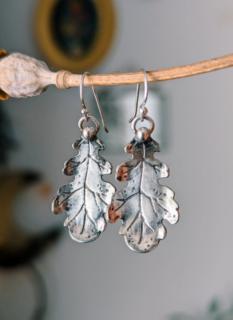 OAK LEAF EARRINGS 925 STERLING SILVER RUSTIC