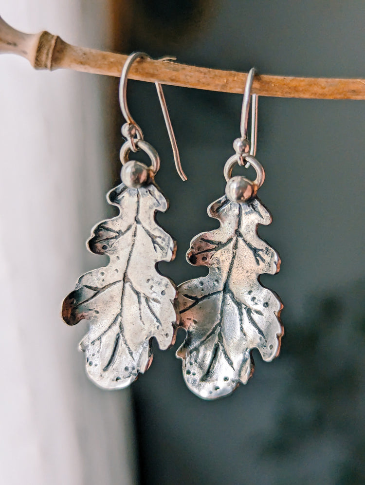 OAK LEAF EARRINGS 925 STERLING SILVER RUSTIC